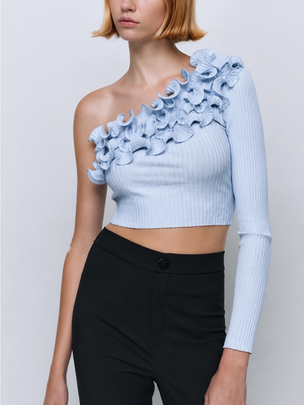 Zara Asymmetrical One-Shoulder Ruffle Ribbed Crop Top - Light Blue